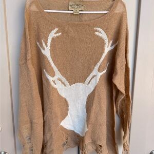 Wildfox Tan Crewneck Sweater with White Antler Graphic
